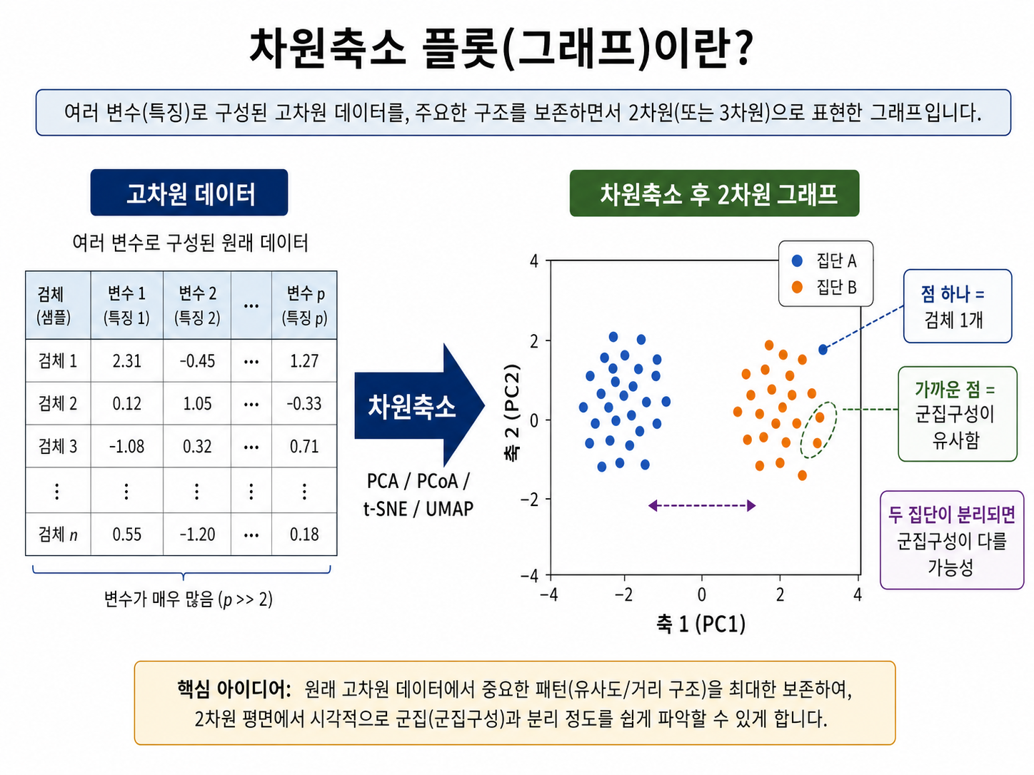  차원축소 플롯: 점 하나는 검체 하나이며 점 사이 거리는 검체 간 미생물 군집 구성 차이를 나타냄