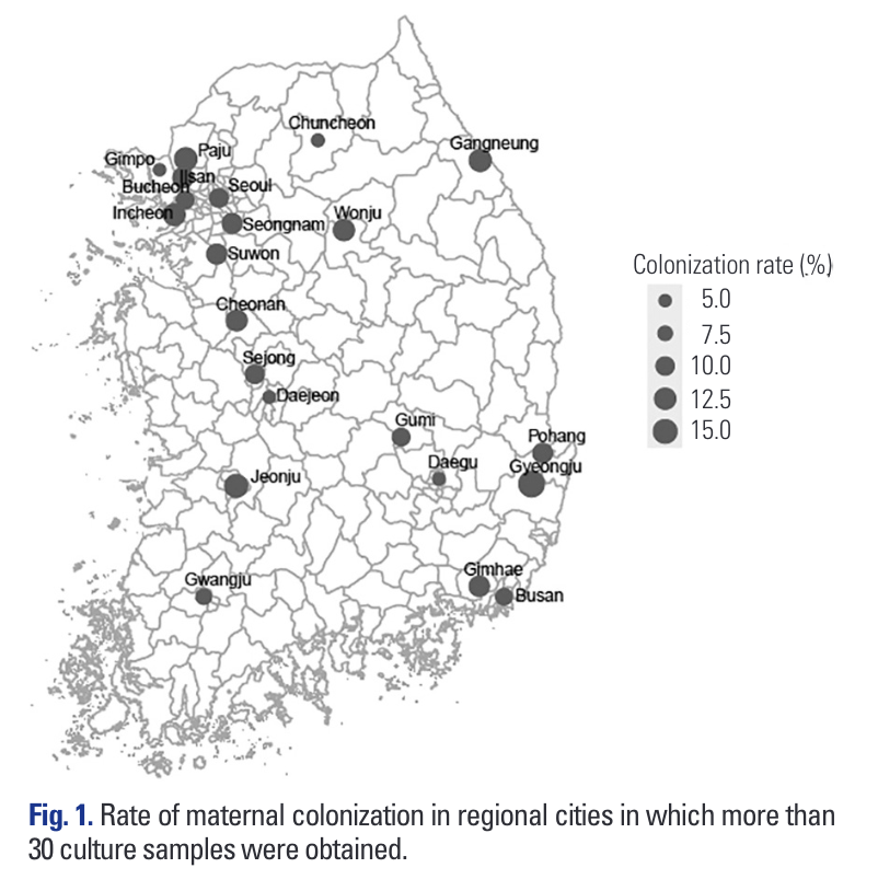 Figure&nbsp;1. 검체가 30개를 초과한 지역 도시들의 GBS 집락률을 점 크기로 나타낸 지도